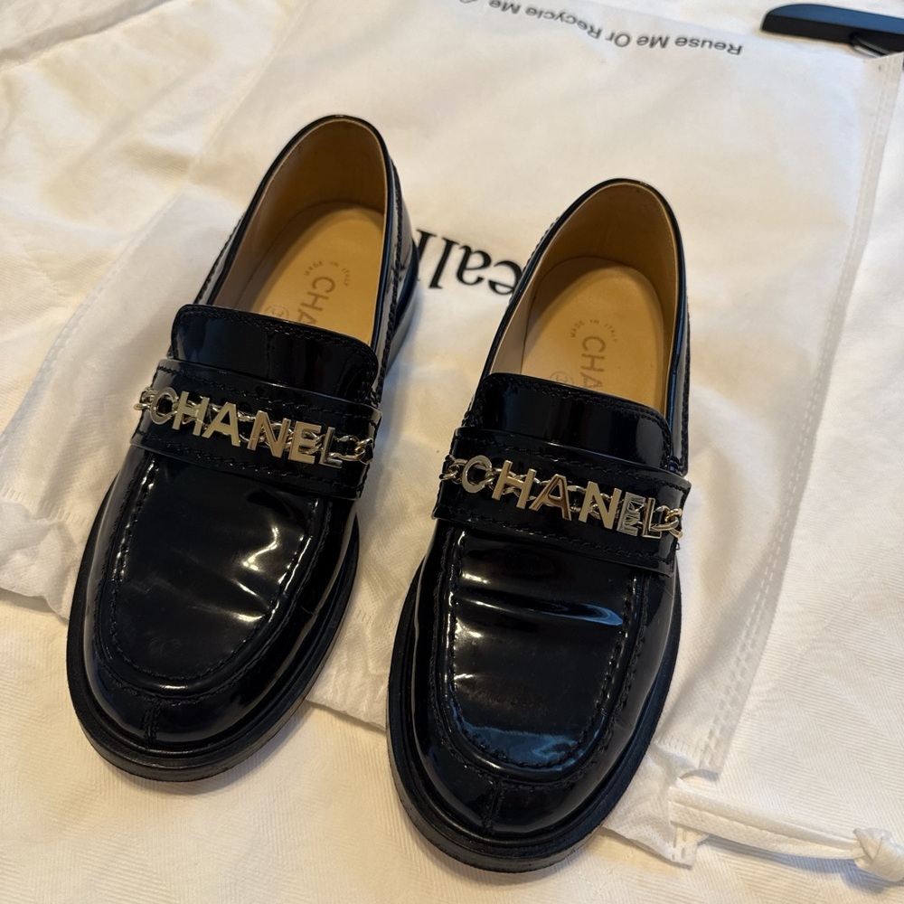 CHANEL Black Patent Leather Loafers